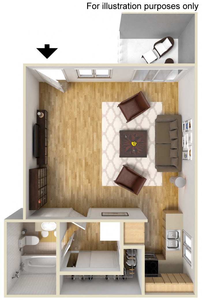 Floor plan for studio, 1 bath, 525 sqft